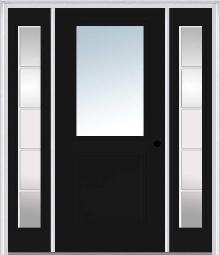 MMI 1/2 LITE 1 PANEL 3'0" X 6'8" FIBERGLASS SMOOTH EXTERIOR PREHUNG DOOR WITH 2 FULL LITE SDL GRILLES GLASS SIDELIGHTS 682